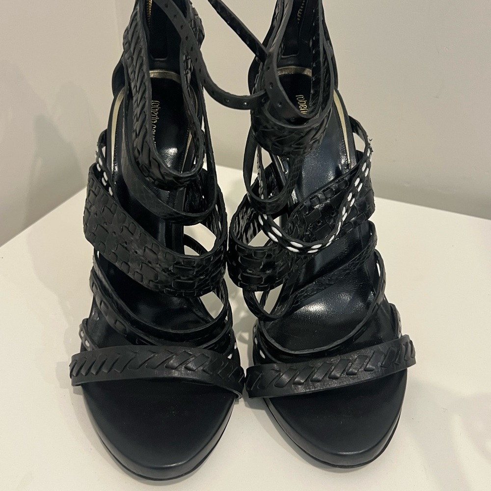 Roberto Cavalli Threaded Leather Cage Heels